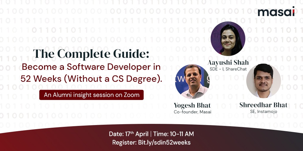 masaischool's tweet photo. Join @Yogeshbhat17, Shreedhar and Aayushi this Saturday as they decode what it takes to kickstart a career in Software (hint: A CS degree is not needed). Sign up here: https://t.co/YKTi61nW8G
#Csdegree #Softwaredeveloper #Softwaredevelopment #Techwebinar #codingwebinar #Masai https://t.co/a9VOID8lcm