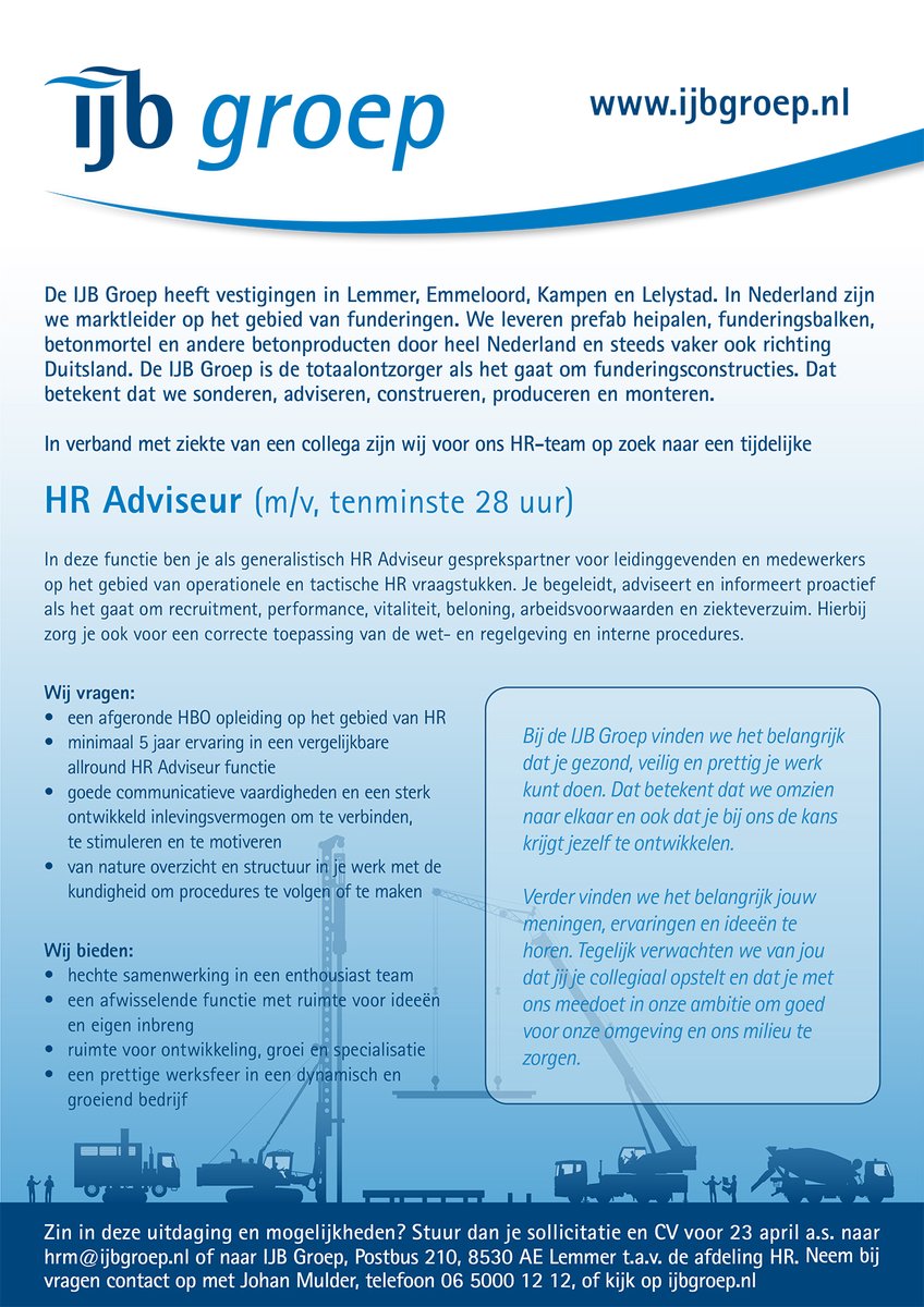 Voor ons HR-team zoeken we een tijdelijke HR Adviseur. Ben jij een brede gesprekspartner voor operationele en tactische HR vraagstukken die kan verbinden, stimuleren en motiveren? Kijk dan snel op: ijbgroep.nl/ijb-groep/werk…
