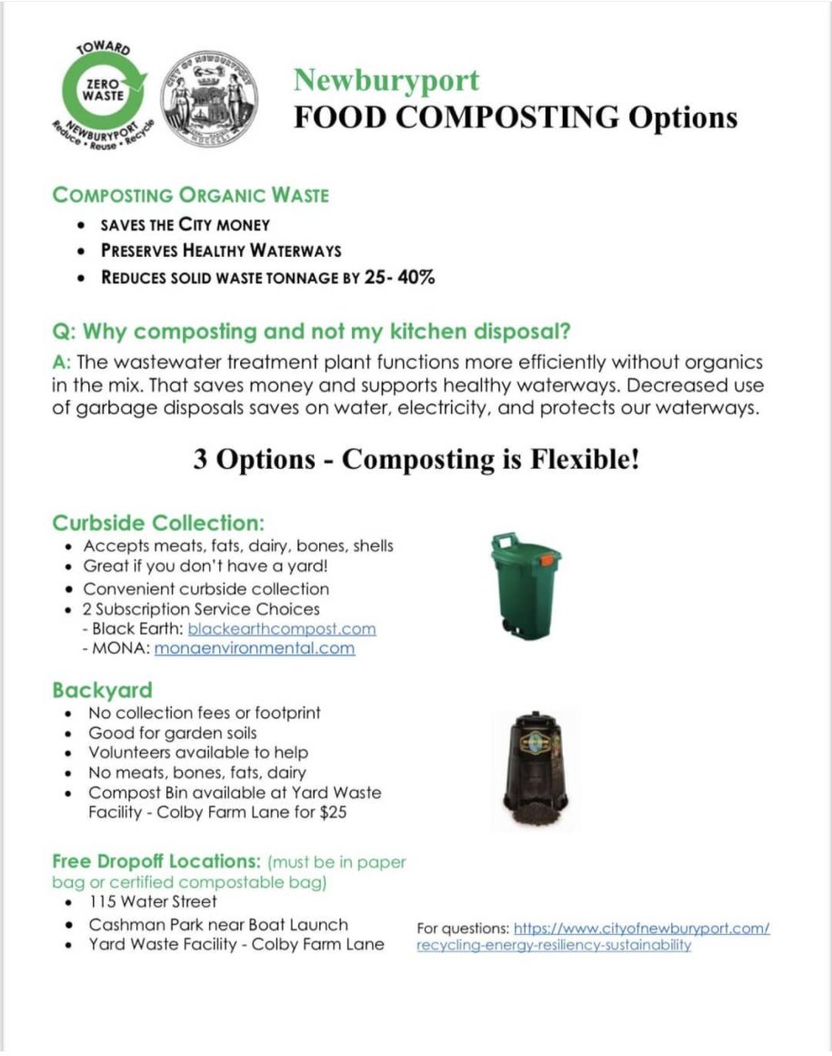 ACESEnvironment's tweet image. Hey Newburyporters! Are you interested in composting your food waste? We’re fortunate to have three different options for #composting locally. Check out this flyer to learn more. #environment #newburyport