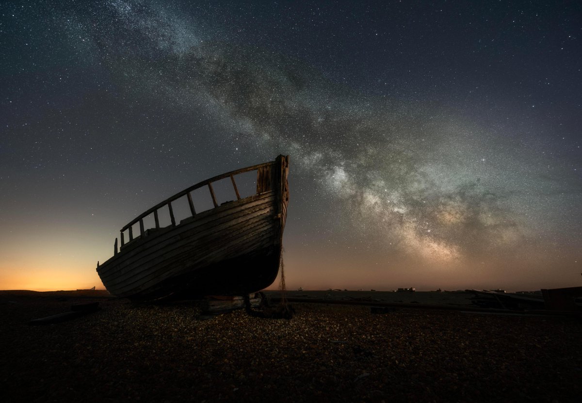 redditSpaceView's tweet image. Dungeness fishing boat Astro photography. 25 images stacked of the sky and a 4 minute long exposure for the foreground. Stacked in starry landscape stacker and edited in photoshop and Lightroom