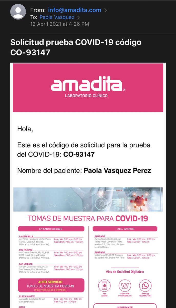 Paola Vasquez (@paolavasquezp) on Twitter photo No pierdan su tiempo haciendo solicitudes de pruebas PCR a <a href="/AmaditaLab/">Amadita Laboratorio</a> nunca las responden. Yo solicité el lunes 12 y todavía nada. Tuve que recurrir a <a href="/labreferencia/">Referencia Laboratorio Clínico</a> quienes me respondieron de inmediato y citaron en menos de 24 horas. NO VUELVE A PASAR... No pierdan su tiempo haciendo solicitudes de pruebas PCR a <a href="/AmaditaLab/">Amadita Laboratorio</a> nunca las responden. Yo solicité el lunes 12 y todavía nada. Tuve que recurrir a <a href="/labreferencia/">Referencia Laboratorio Clínico</a> quienes me respondieron de inmediato y citaron en menos de 24 horas. NO VUELVE A PASAR...