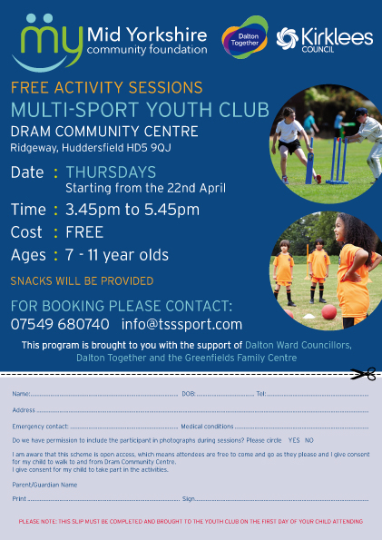 DRAM Centre (@dramcentre) on Twitter photo Starting Thursday 22nd April 2021 @ 15.45 - 17.45 at the DRAM Centre, FREE multi-sport youth club, for 7-11yrs, with FREE food bag.
For further information please contact provider shown on flyer. Numbers are limited so get in touch to secure a place.
<a href="/DaltonTogether/">Dalton Together</a> Starting Thursday 22nd April 2021 @ 15.45 - 17.45 at the DRAM Centre, FREE multi-sport youth club, for 7-11yrs, with FREE food bag.
For further information please contact provider shown on flyer. Numbers are limited so get in touch to secure a place.
<a href="/DaltonTogether/">Dalton Together</a>