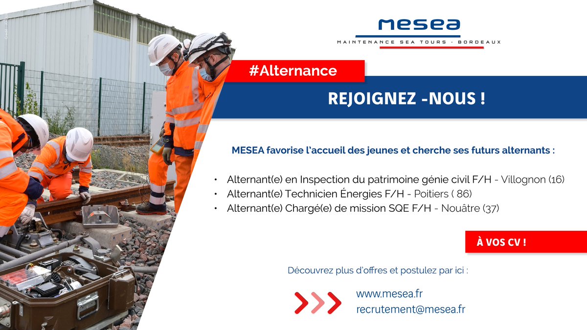 Notre campagne #alternance continue…
MESEA favorise l’accueil des jeunes et recrute différents profils de Bac+2 à Bac+5. Pour participer à notre mission de maintenance de la LGV, rendez-vous ici : mesea.fr/carrieres/ 
<a href="/jbdelrue/">Jean-Bruno DELRUE</a> <a href="/LGVSEA_LISEA/">LISEA</a> <a href="/VINCIConcess/">VINCI Concessions</a> @SYSTRA_LTD