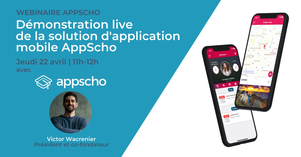 ⏰Notre webinaire de démo animé par <a href="/VWacrenier/">Victor Wacrenier</a> est dans une semaine ! 
📌Jeudi 22 avril | 11h-12h 
🧐Au programme : nos fonctionnalités, notre plate-forme web de gestion de l'app &amp; et notre accompagnement
👉 N'attendez plus pour vous inscrire : app.livestorm.co/appscho/demons…