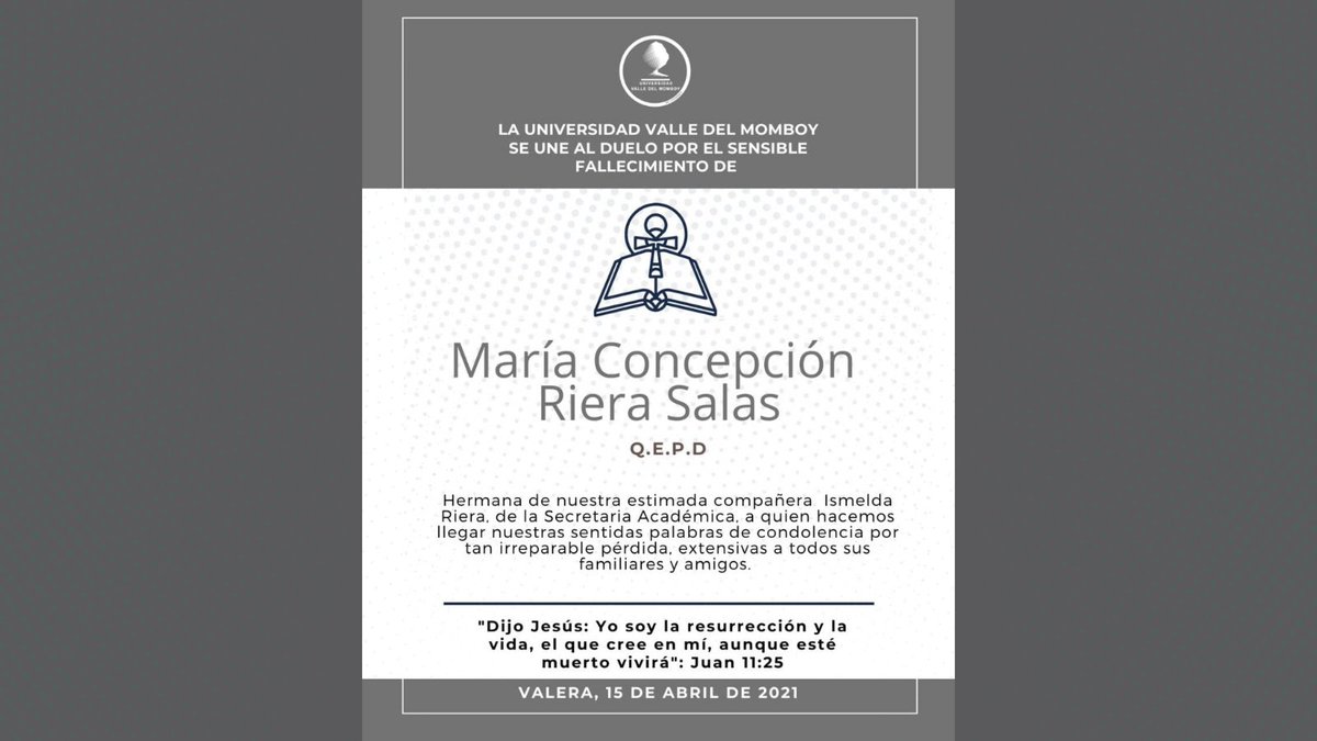 La UVM cumple con el penoso deber de informar el fallecimiento de la Sra. María Concepción Riera Salas, hermana de nuestra compañera Ismelda Riera,en nombre de la comunidad universitaria y de las autoridades, enviamos nuestras sentidas condolencias a sus familiares y amigos #QEPD