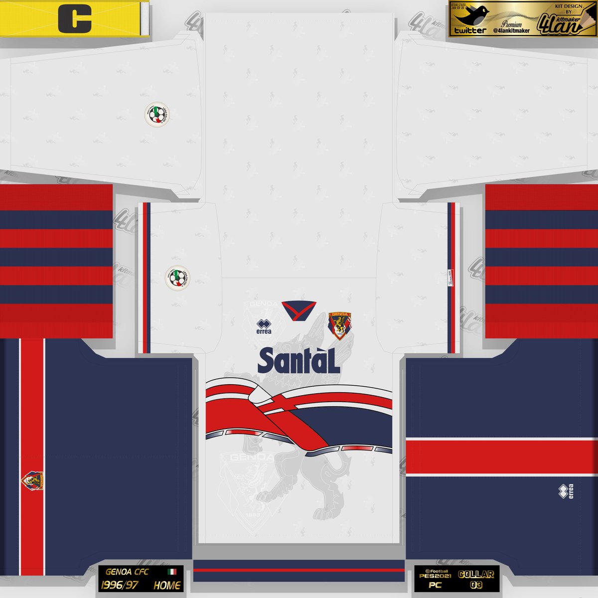 4LAnK_media's tweet photo. 👕-Um dos kits que mais tive trabalho foi esse do @GenoaCFC de 1996. Trabalho 100% autoral incluindo escudo, estampas, patrocínio, patch etc...

⬇️-LINK para download: https://t.co/prIBWK8eKP

💰-Se puder, faça uma doação por PIX/PayPal/PicPay

@GenoaBRA https://t.co/1pNxma8TxR