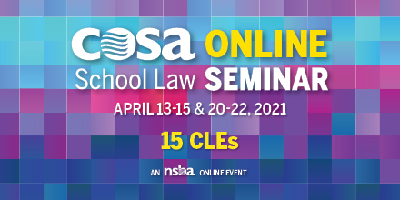 NSBAPublicEd's tweet photo. School attorneys be sure to join us today at 1 pm ET for Day 3 of the Council of School Attorneys Online School Law Seminar #NSBACOSA. Registration is still open for by the day or the series. Learn more and earn CLEs: https://t.co/q5nEwMvgOM https://t.co/R65HR0JZgD