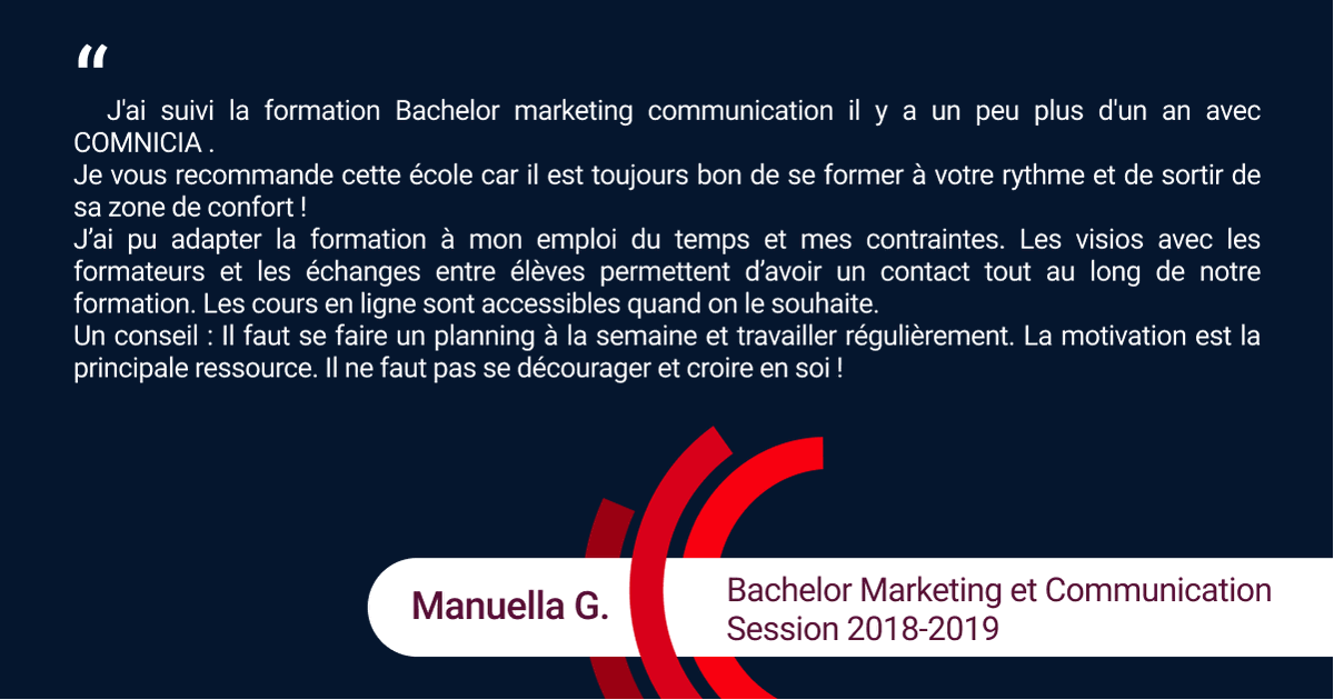 Motivation, confiance en soi et entraide entre apprenants, telles sont les clés 🔑 de la réussite de Manuella, diplômée du Bachelor #Marketing et #Communication
💬 Découvrez son #témoignage !
Formation disponible👉bit.ly/3a4voZ6