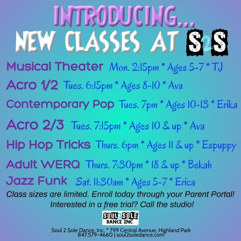 Check out all theses new classes at Soul2Sole! Call 847-579-4660 or visit buff.ly/30fIga5 to enroll.