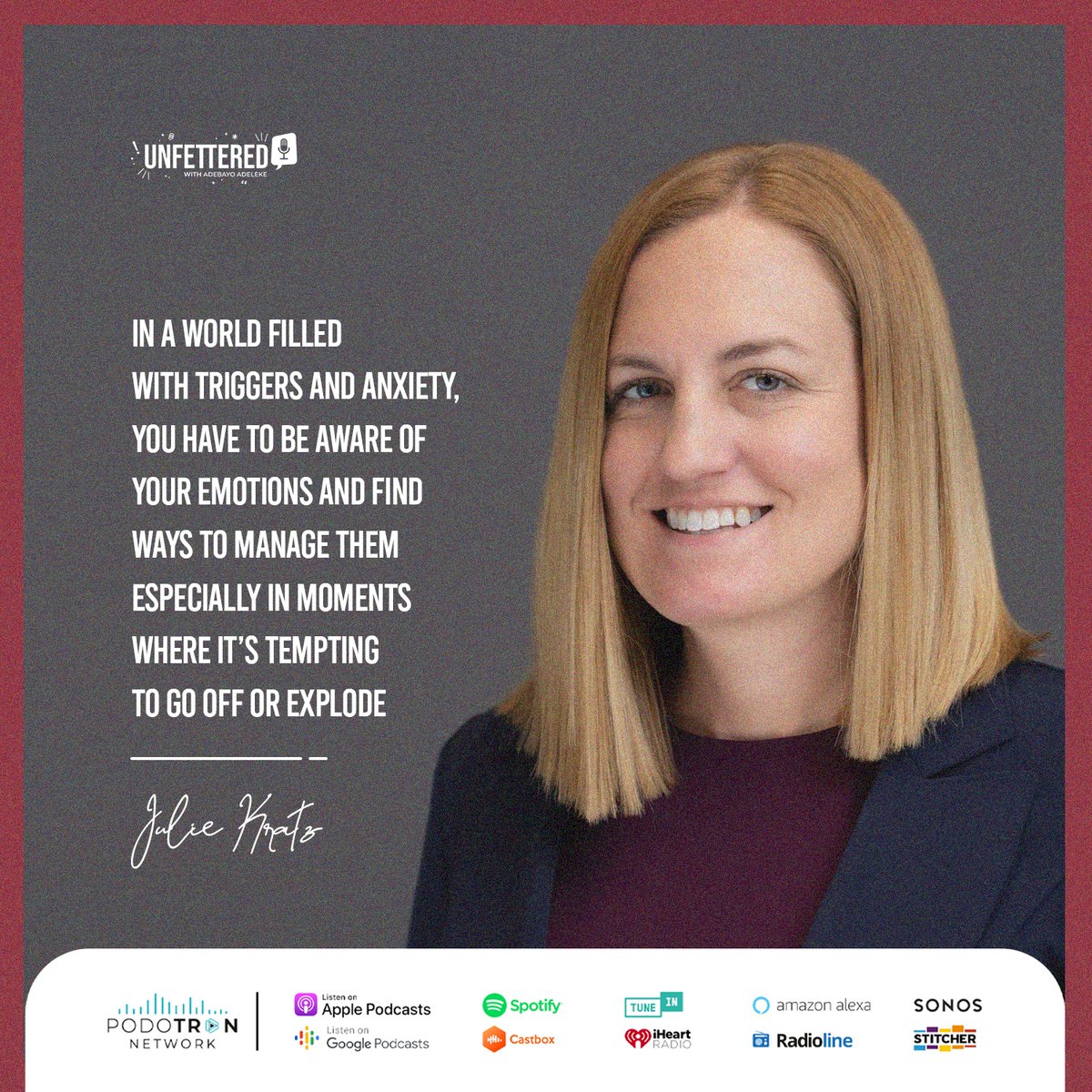 Unfettered__'s tweet photo. Our Unfettered episode on how inclusive leadership impacts global businesses and culture with Julie Kratz @nextpivotpoint is one that’s filled with nuggets on emotional intelligence.
You can listen to it on: https://t.co/T2WjmvGBBn 

#UnfetteredPodcast #podcast #podcaster #le... https://t.co/byUCH7FERu