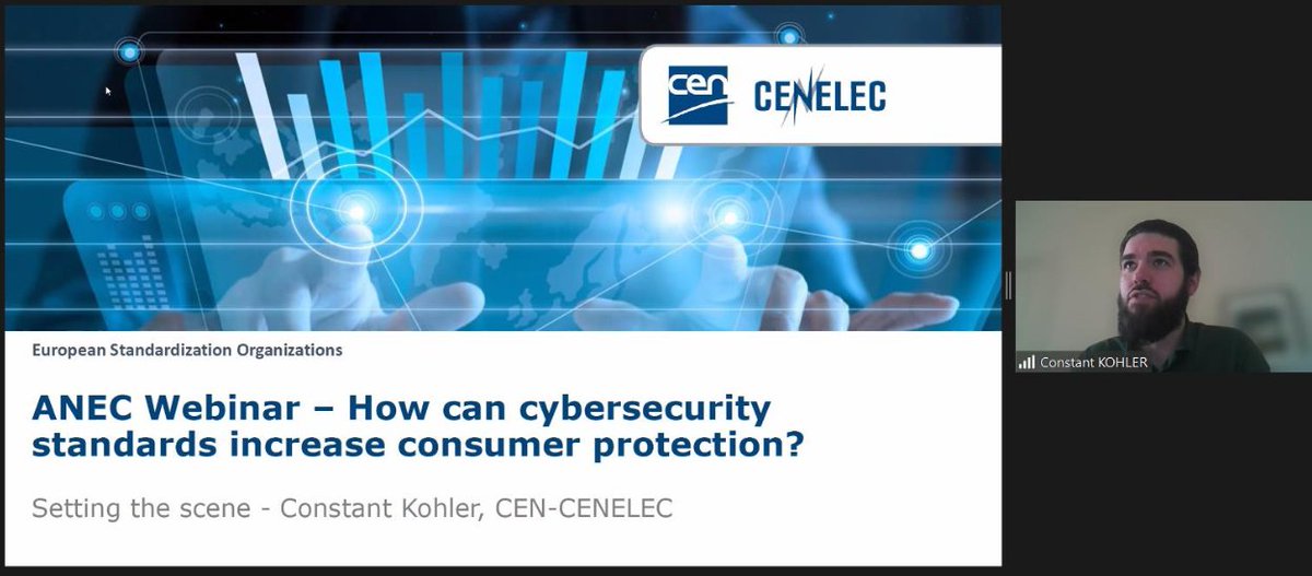 CEN-CENELEC's Acting Account Manager #Electrotechnology <a href="/Kohcon/">Constant Kohler</a> sets the scene for an interesting discussion organized by @ANECtweet on #Cybersecurity #standards. A key issue for consumers, industry &amp; society as a whole
bit.ly/3snz3rf
#consumerprotection #standards4cyber