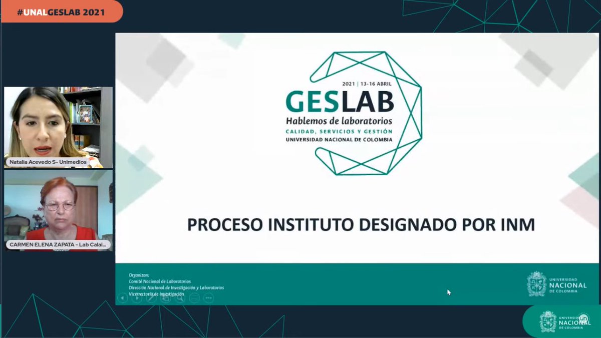 VRIUNAL's tweet photo. La prof. Carmen Elena Zapata, coordinadora del Lab. CALAIRE @fminas @UNALmedellin, diserta sobre el proceso de conversión a Instituto Designado por @INMdeColombia 

🔴📡EN DIRECTO #UNALGESLAB 2021 @UNALoficial: https://t.co/MiHOsZi2yf

#SomosLaboratorios #SomosUNAL #UNAL https://t.co/F1pkJMfelB
