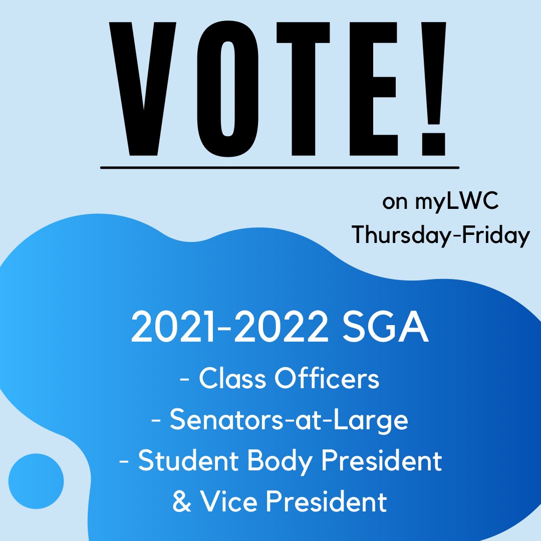 LWCSGA's tweet photo. Hi, Blue Raiders! Be sure to vote for your 2021-2022 Student Government! Log on to MyLWC, and click the blue banner to vote! Elections will close at 4:30 pm on Friday! Good luck to all of our candidates! https://t.co/4wOmrxFIDk