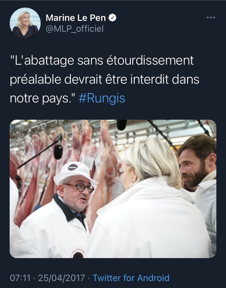 13) le Rn est POUR la corrida, le foie gras, l’élevage intensif de porcs, poulets et la chasse (sauf à courre) mais défend le bien-être animal des moutons le jour de l’Aïd Marine devrait faire son tweet annuel sur le sujet dans un petit mois.  https://twitter.com/MLP_officiel/status/1289188034089324544