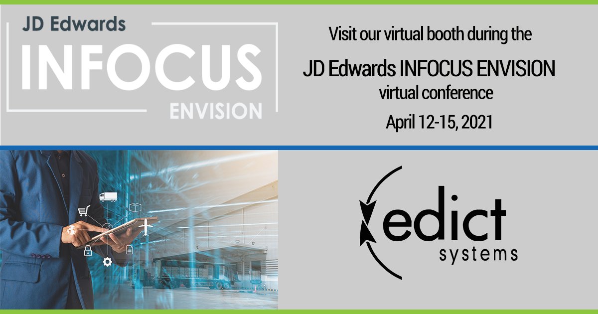 EdictSystems's tweet image. Today is the last day of the JD Edwards INFOCUS Envision virtual conference. Visit Edict Systems’ virtual booth to learn more about our EDI integration capabilities. #IFEnvision #JDEdwards #questoraclecommunity #edi