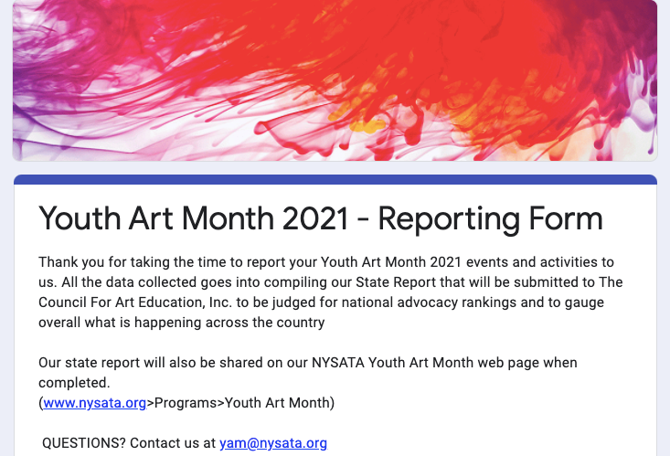 youthArtMonthNY's tweet photo. Remember to report your Youth Art Month activities for our National Report and be entered to win one of THREE 1 year NYSATA memberships, along with swag prizes!
Click here: https://t.co/DJvY6hXSiR
Anything you may have done to celebrate the arts in the Month of march can count. https://t.co/n3XLrflFEb