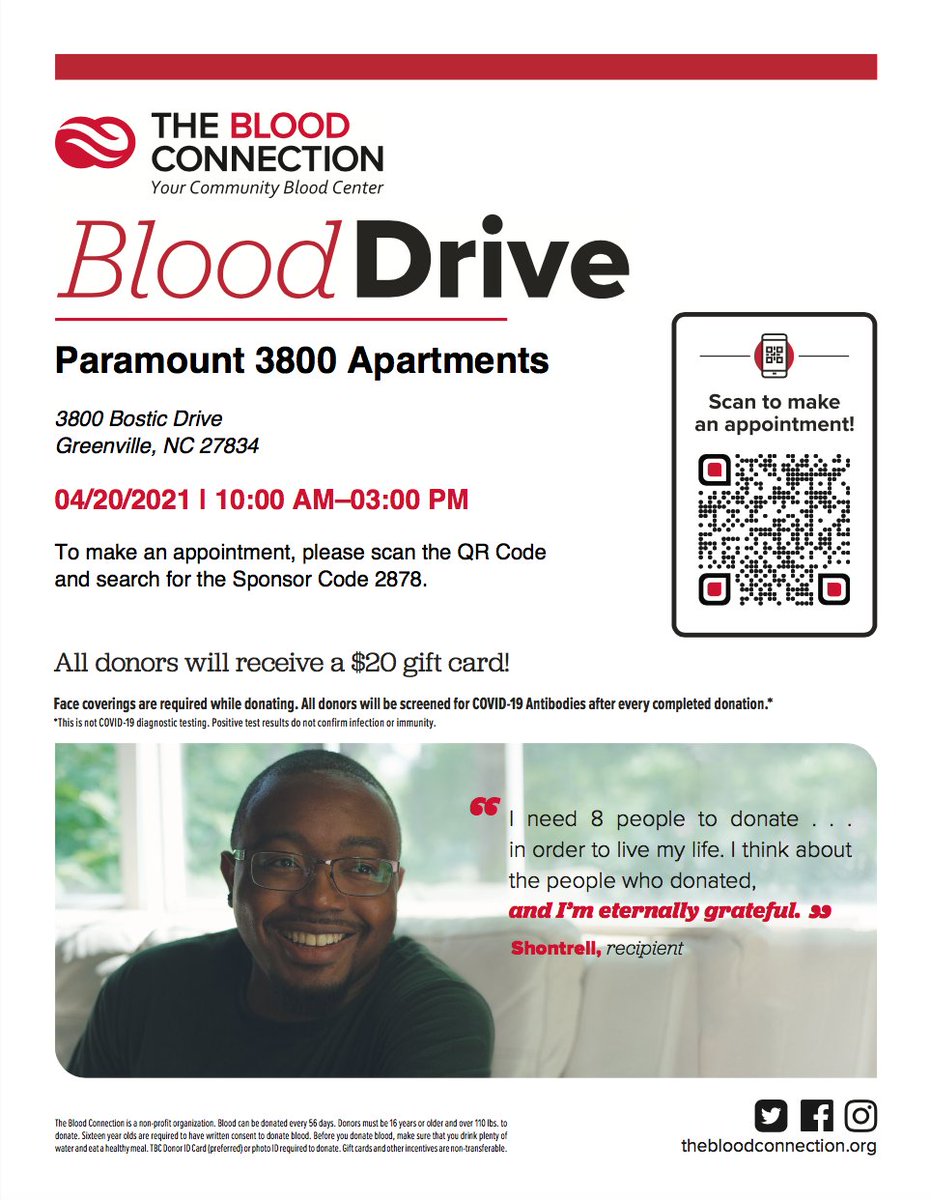 Help us help EVERYONE. We’ve joined forces with The Blood Connection and are offering a $20 visa gift card that will be given to every donor on April 20th, from 10am to 3pm. You can choose a time slot using the following link:
donate.thebloodconnection.org/.../drive.../1…> We hope to see you there!