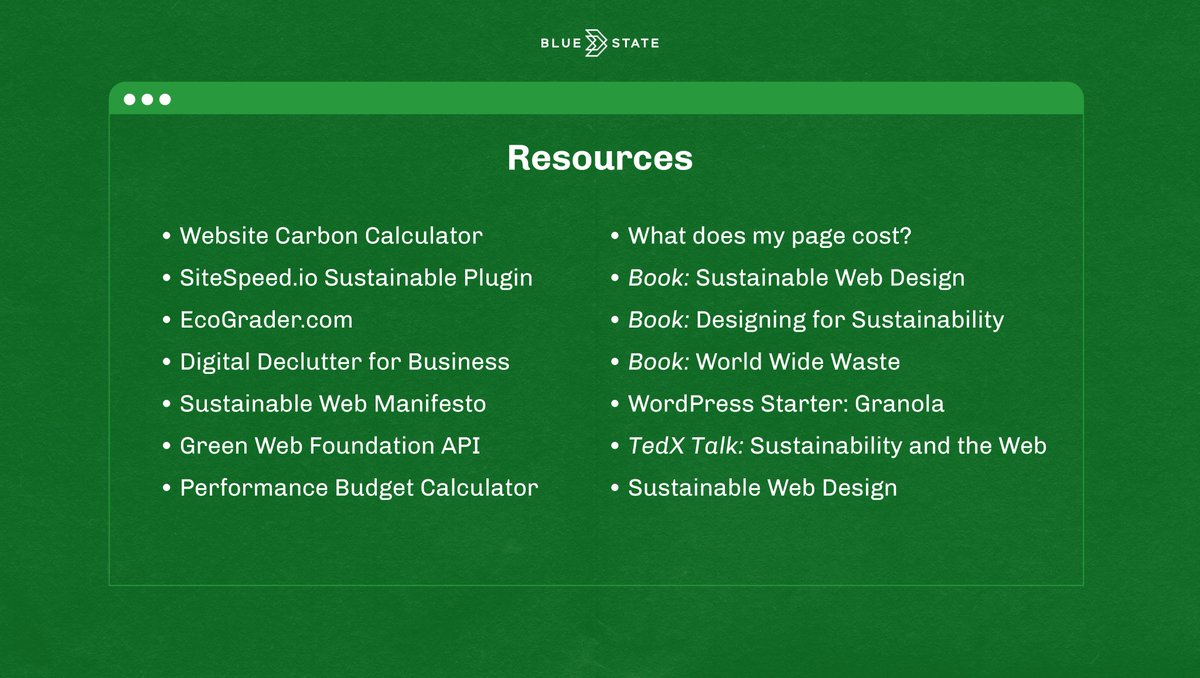 bluestate's tweet image. We’re presenting right now with @getpantheon at @drupalcon on the benefits green websites have on our world. Make sure to check out these tools and resources so you can better understand your website’s carbon footprint and how to make it better: #LetsGreenTheWeb