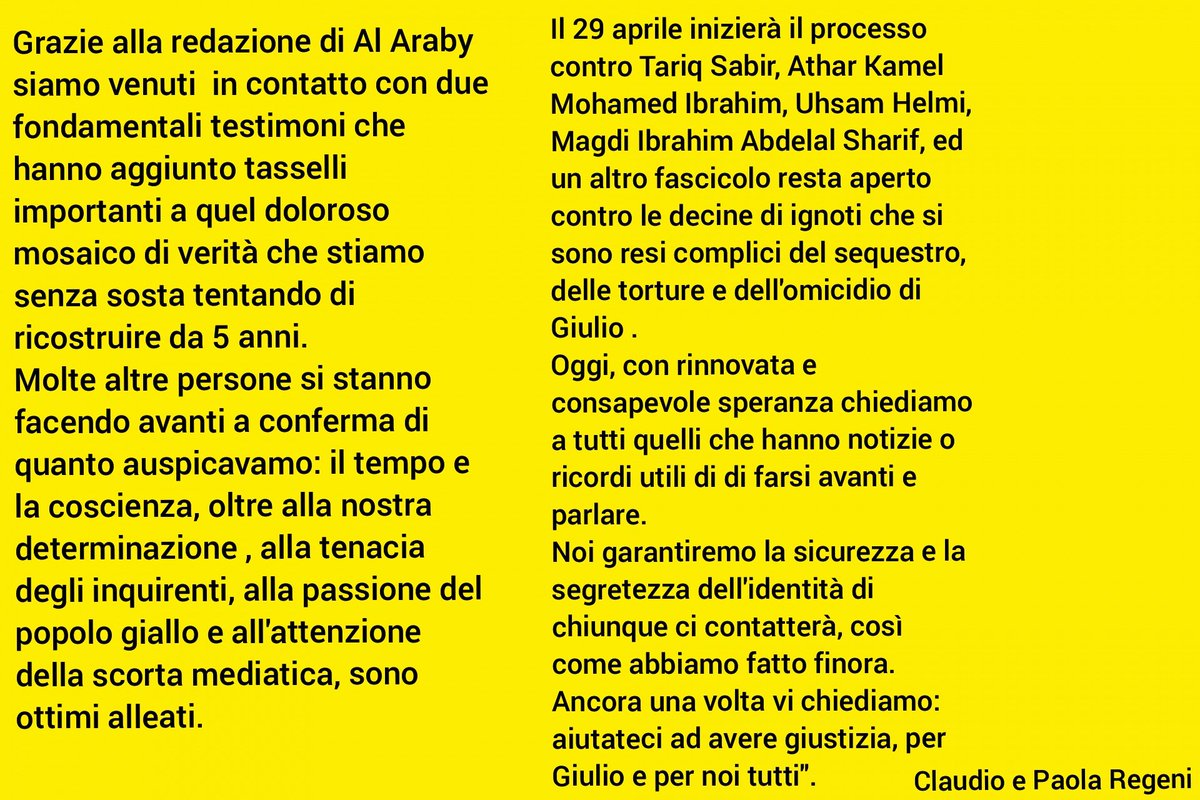 Il comunicato della famiglia #Regeni.
Chiediamo massima diffusione.

"Aiutateci ad avere giustizia, per Giulio e per noi tutti"

#veritapergiulioregeni #veritaegiustiziapergiulio
#GiulioRegeni