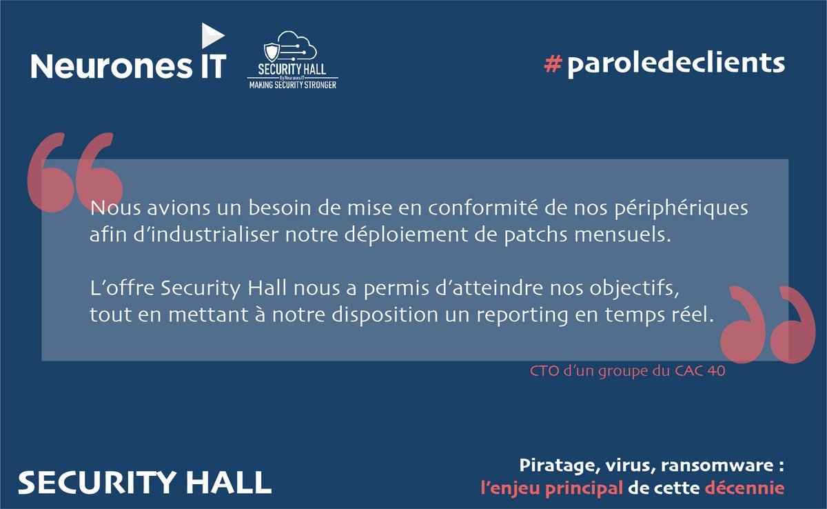[PAROLE DE CLIENTS] 💬En témoigne ce client du CAC 40, avec notre offre Security Hall, nous vous accompagnons dans l’atteinte de vos objectifs de sécurité. 🔒
🔎En savoir plus : lnkd.in/d-VhSzx

#paroledeclients #securityhall #securiteinformatique #managedservices