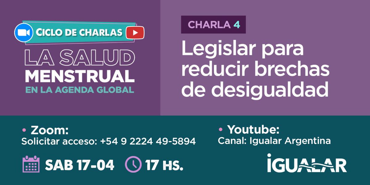 Sábado 17/04, 17 hs ⏰ 
4 encuentro del Ciclo de Charlas: "Salud Menstrual en la Agenda Global". 🌐🩸

✨Legislar para reducir brechas de desigualdad✨

👉 Zoom: Solicitar Acceso: +54922-2449-5894

👉Vivo por youtube.com/igualarargenti…

Cuarto encuentro ⤵️