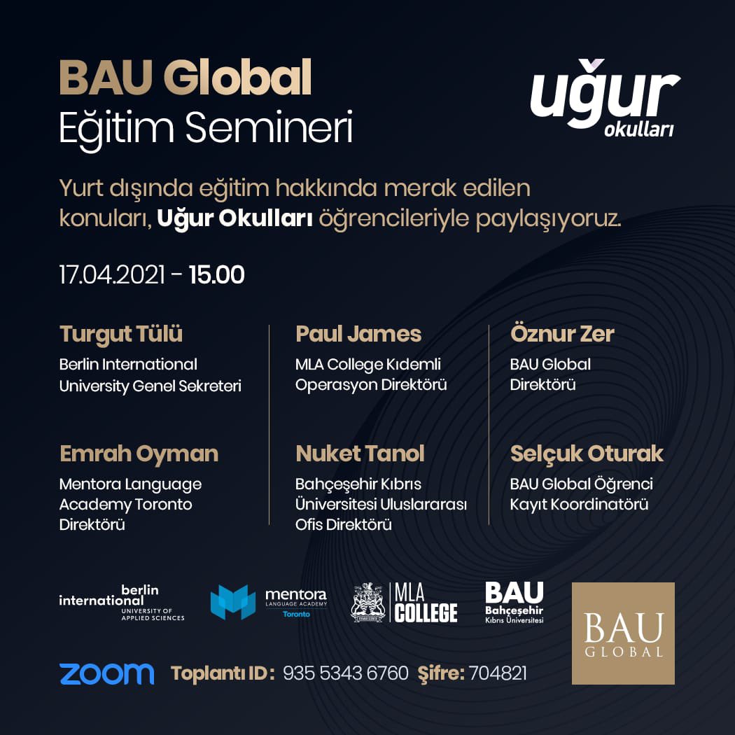 Uğur Okulları &amp; Bau Global Buluşması ; Cumartesi günü saat 15:00’da öğrencilerimizi yurt dışında bekleyen fırsatlar hakkında öğrencilerimizle bir araya geliyoruz <a href="/EnverYucel/">EnverYucel</a> <a href="/HuseyinYucell/">Hüseyin Yücel</a> <a href="/nilcicek/">Nil Çiçek Uykutan</a>