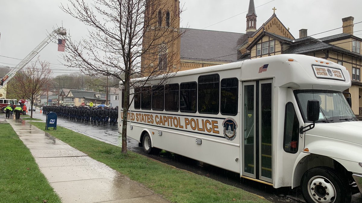 A US  Capitol Police bus outside the church where the funeral in Adam’s, Ma. will begin at noon for slain U.S Capitol Police Officer William "Billy" Evans.