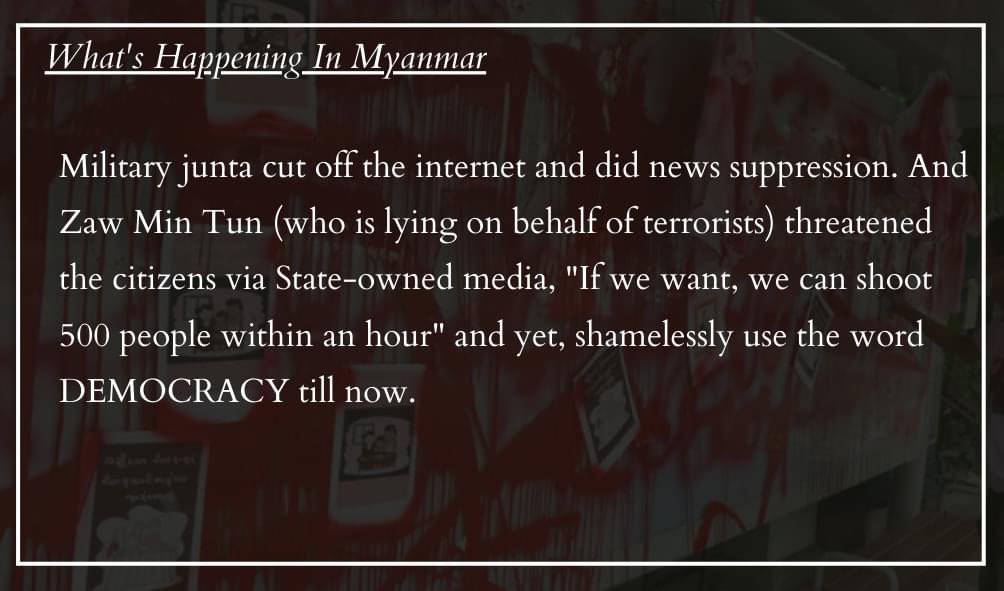 GarGuu_'s tweet photo. It's been 1 month of total mobile internet shutdown in Myanmar. We are in the Dark Era again but we are still fighting for our freedom. There's no place for coup in this modern world !
FREEDOM OF EXPRESSION
#StopInternetShutdown
#WhatsHappeningInMyanmar
@UN @freya_cole @KenRoth https://t.co/vbnmITjIdX