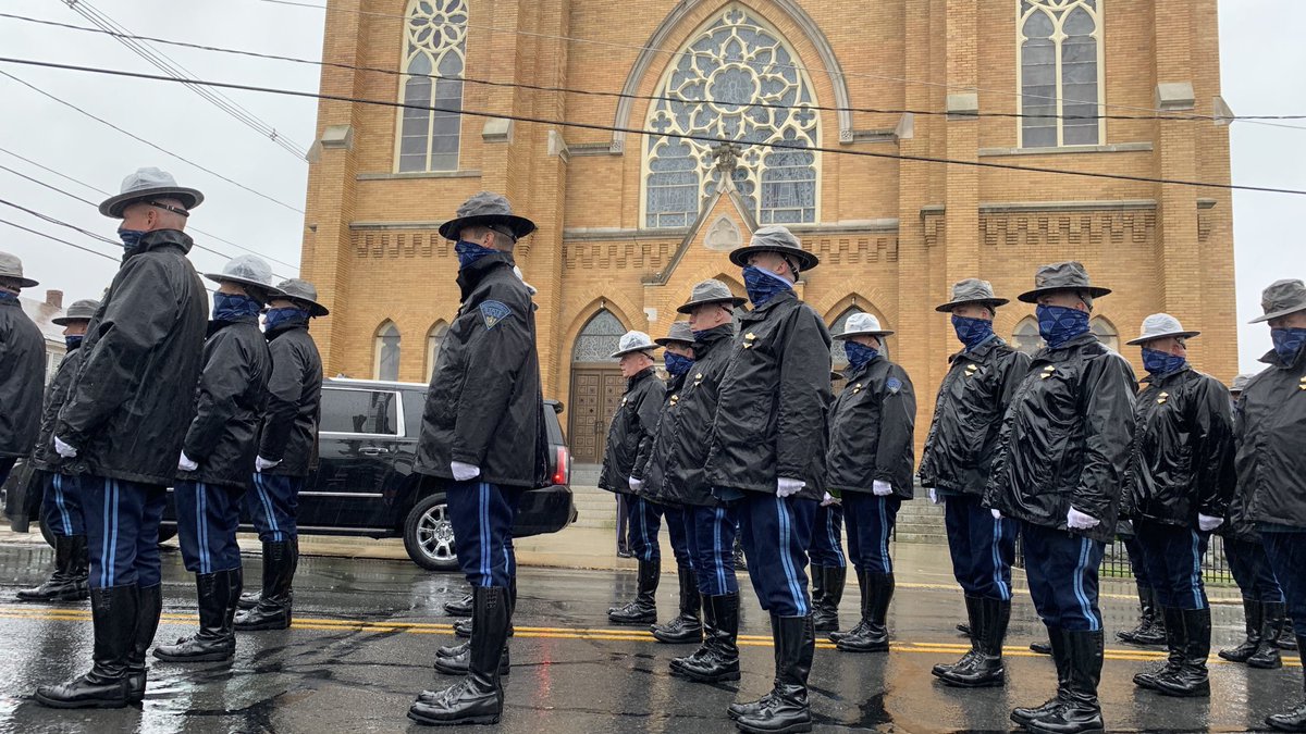 Ma. State Police troops arrive in Adams, Ma. for funeral procession of slain U.S Capitol Police Officer William "Billy" Evans.