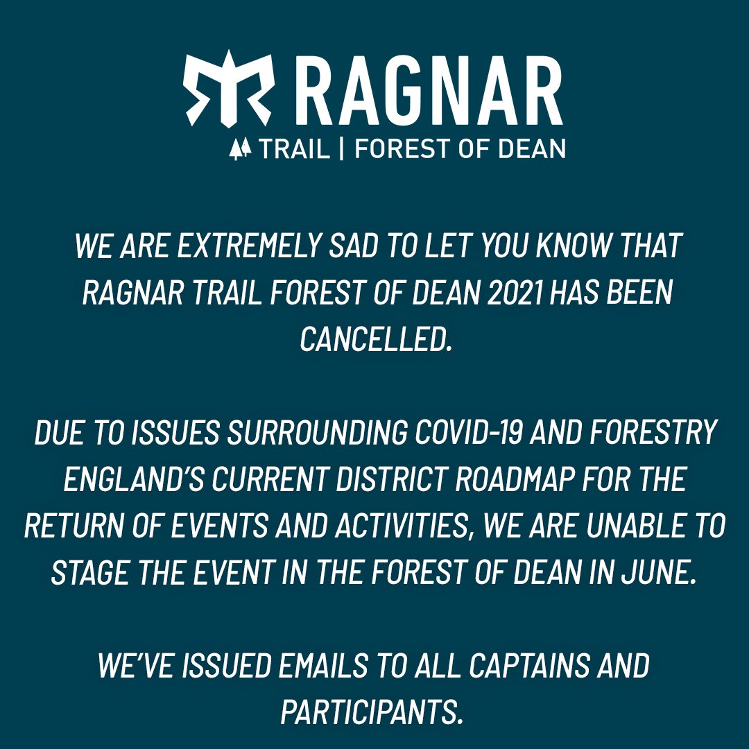 We are extremely sad to let you know that Ragnar Trail Forest of Dean 2021 has been cancelled. 

We've issued emails to all captains and participants, so please check your inbox for further information, including the options available to you.