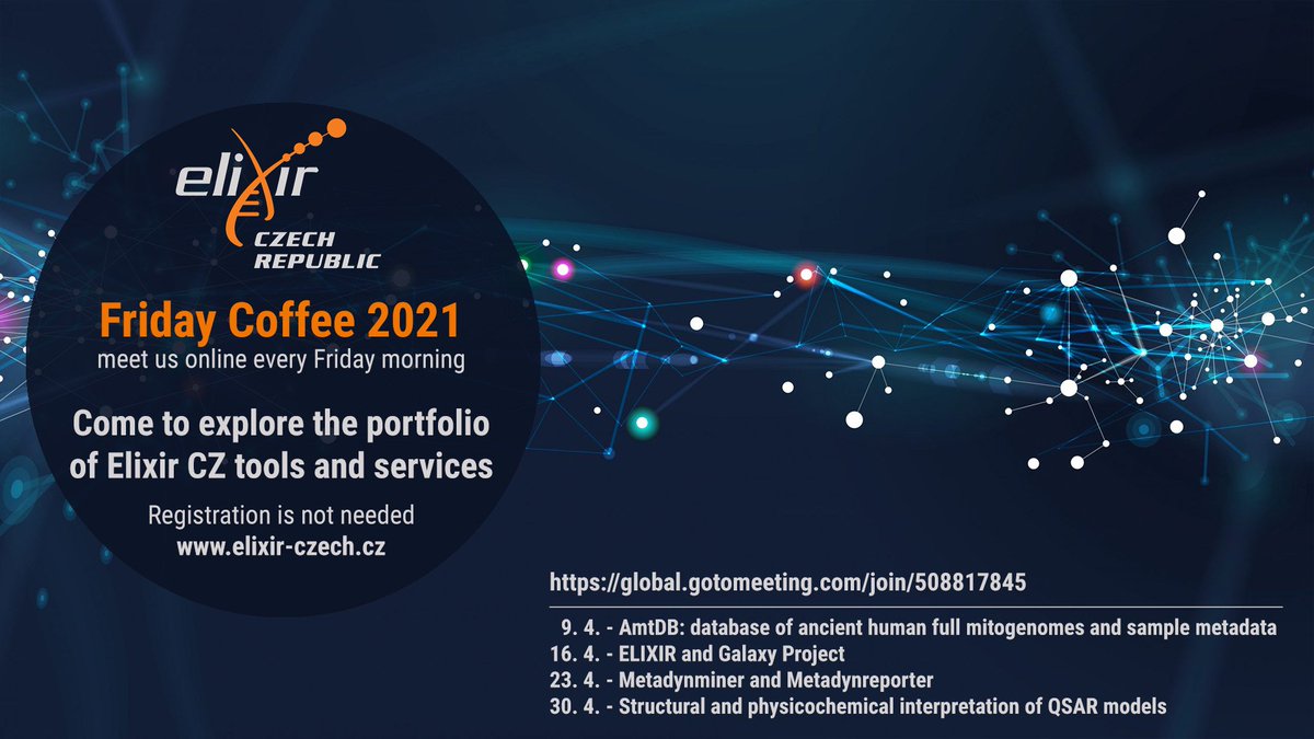 ELIXIRCZ's tweet photo. Get ready: 16.4.2021,9:30 Martin Čech from Institute of Organic Chemistry and Biochemistry will talk about Galaxy Project
Meet us online every Friday morning to explore the portfolio of ELIXIR CZ tools and services
For more info: https://t.co/fravEP6zw4
#galaxy #elixircz #elixir https://t.co/NRhotlKPil