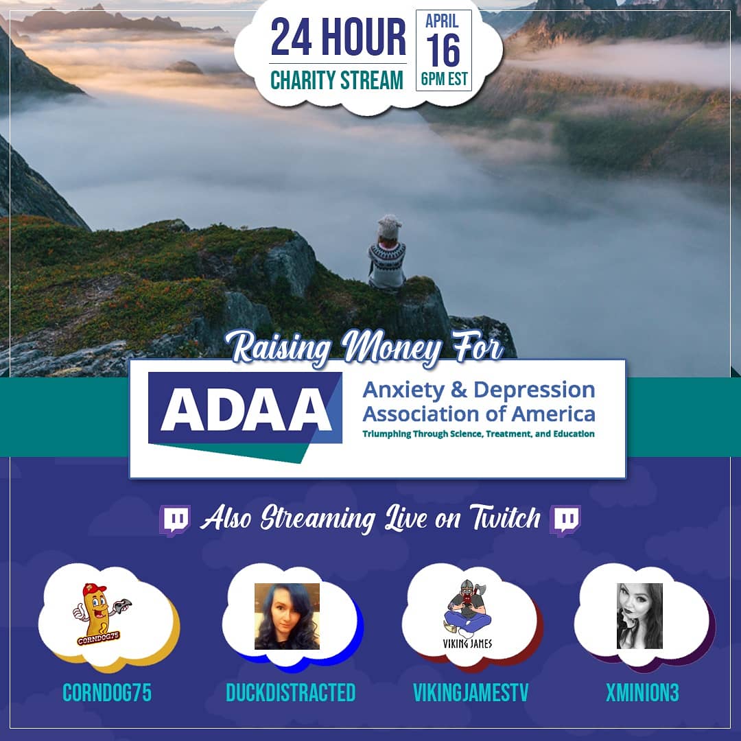 Nokevolygirl91's tweet photo. You GUYSSSSS!!  TOMORROW IS THE DAY!  Join us for our 24 hour charity stream starting tomorrow at 6pm EST. We are raising money for Adaa (Anxiety and Depression Association of America). Such an amazing charity with some awesome people lined up to play!! Hope to see y'all there!! https://t.co/vfF9SVnKhj