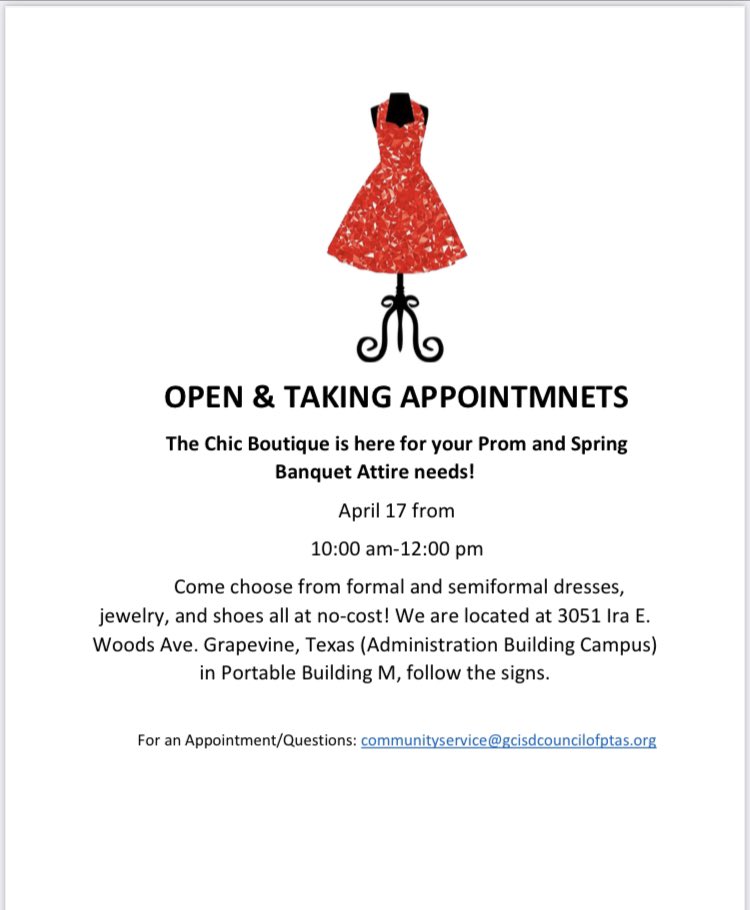 For an Appointment/Questions: communityservice@gcisdcouncilofptas.org