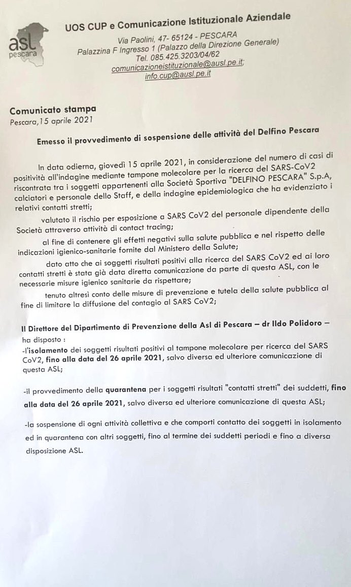 Ora è anche ufficiale. La Asl ferma il <a href="/PescaraCalcio/">Pescara Calcio</a> #serieb #covid <a href="/Il_Centro/">Il Centro</a> <a href="/RoccoColetti1/">Rocco Coletti</a> <a href="/GioTontodonati/">giotontodonati</a>
