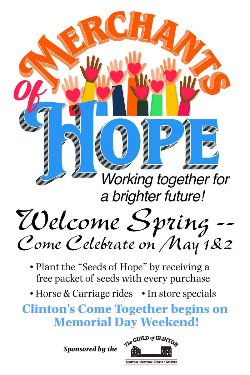 Welcome Spring with your favorite Merchants of Hope in downtown Clinton the weekend of May 1-2! Receive free flower seeds with every purchase at a local business to plant the seeds of hope! Don't miss the horse and carriage rides and other in store specials! #visitclintonnj