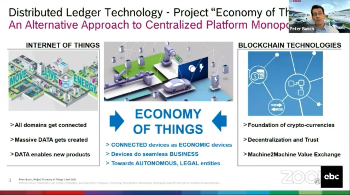 adrianafreitas's tweet photo. The #EconomyOfThings Great Vision of having #Machine2Machine not only trading data but also financial transactions. 
Trust as the Key Concept in Future Mobility using Decentralized Technologies
Peter Busch @pbusch42 @BoschGlobal
#ebcvirtual @EBlockchainCon https://t.co/ZSLAShxHWH