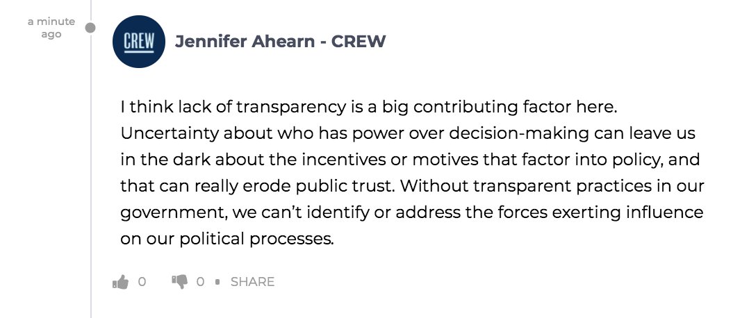 Jennifer Ahearn from  @CREWcrew says that "lack of transparency is a big contributing factor here." https://www.americanoversight.org/a2021-liveblog 