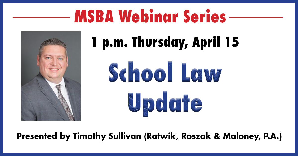 mnmsba's tweet photo. REMINDER: The “School Law Update” webinar is set for 1 p.m. today and will cover recent school law matters — including employee free speech rights, transgender students, and employer policies. Members can access meeting information at https://t.co/HQDfRgc0Nu (log in required). https://t.co/9cInuqnzW7