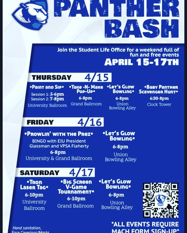 PANTHER BASH STARTS TONIGHT!
Tonight is Paint, Plant and Sip, with limited room in our 7-8 pm session. We also have Take-and-Make kits and Let’s Glow Bowing tonight!
Please pre-register for the painting and the glow bowling using the QR code, or go to to eiu.edu/slo/pantherbas…