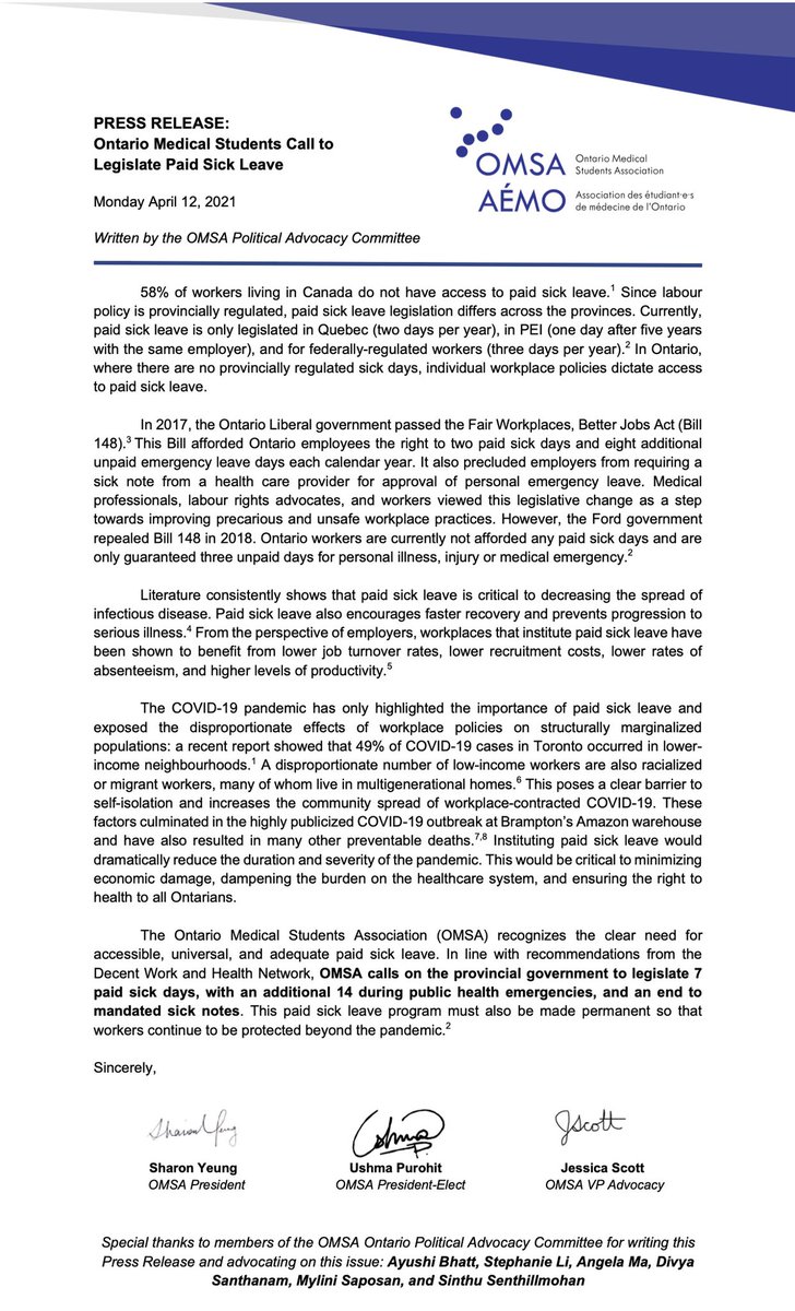 Ontario Med Students (@omsaofficial) on Twitter photo 🚨PRESS RELEASE🚨
The Ontario Medical Students Association supports the calls for permanent, universal, and accessible #PaidSickLeave for all Ontario workers.
Read more here: omsa.ca/en/hub/ontario… 🚨PRESS RELEASE🚨
The Ontario Medical Students Association supports the calls for permanent, universal, and accessible #PaidSickLeave for all Ontario workers.
Read more here: omsa.ca/en/hub/ontario…