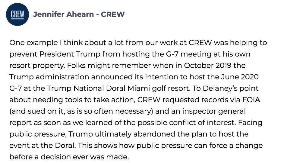 . @CREWcrew's Jennifer Ahearn writes about helping to prevent former President Trump from hosting the G-7 meeting at his own resort property and the importance of the Freedom of Information Act.  #accountability2021