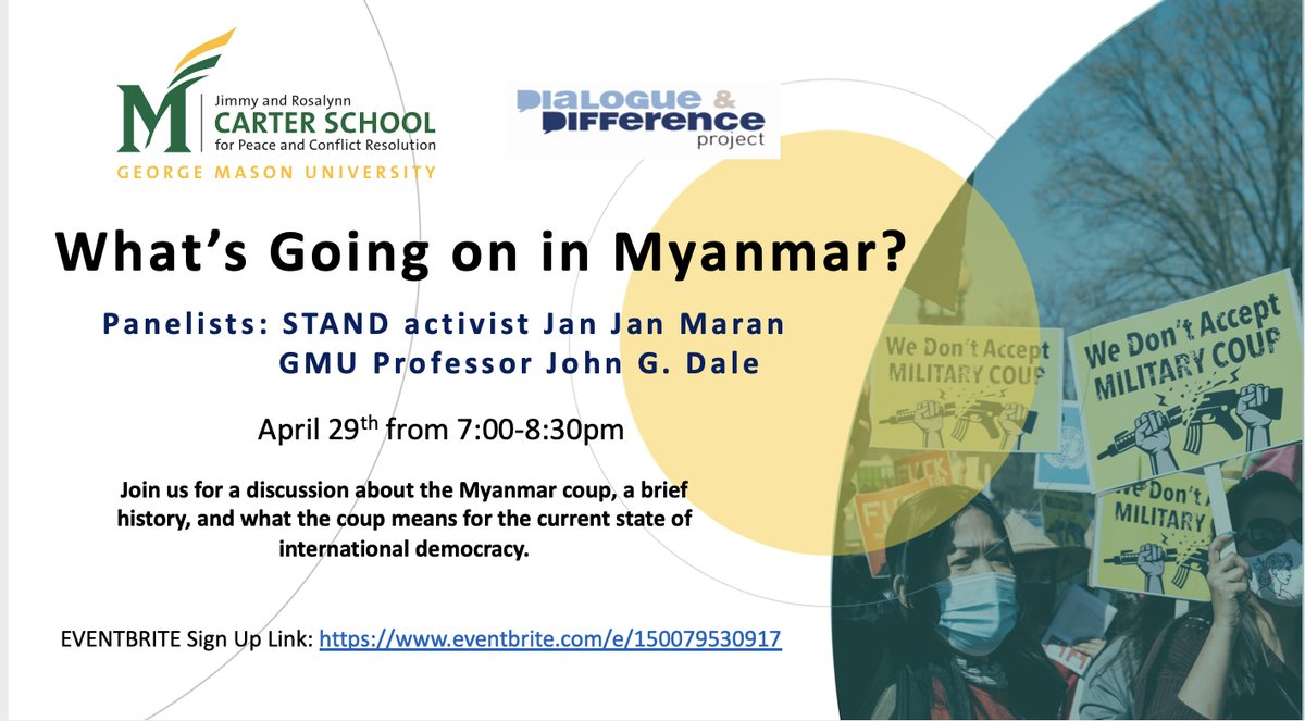 DAndDProject's tweet image. Do you know what's going on in Myanmar right now? Come find out on April 29th at 7pm as we discuss the recent Myanmar coup and the current state of international democracy. Prior knowledge about the issue is not necessary for attendance. Register here: eventbrite.com/e/whats-going-…