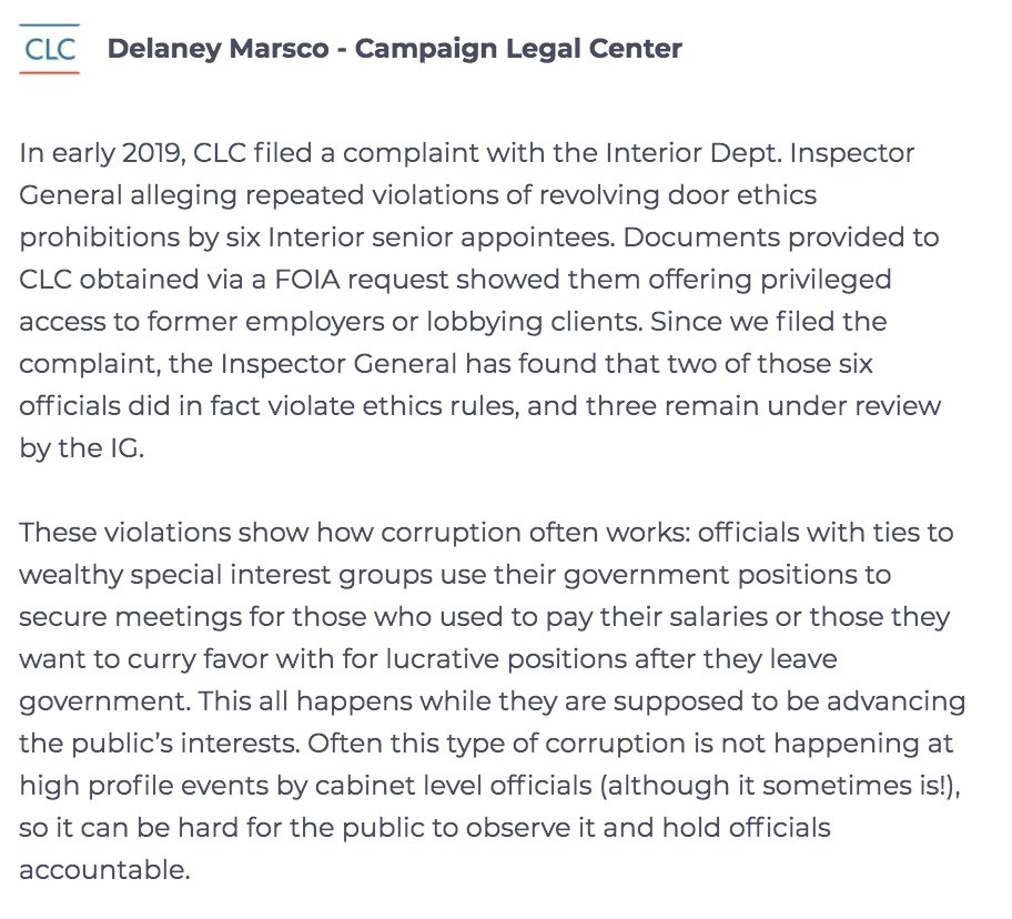 . @CampaignLegal's Delaney Marsco talks more about  #FOIA and uncovering repeated violations of revolving door ethics prohibitions by six Interior Department senior appointees.