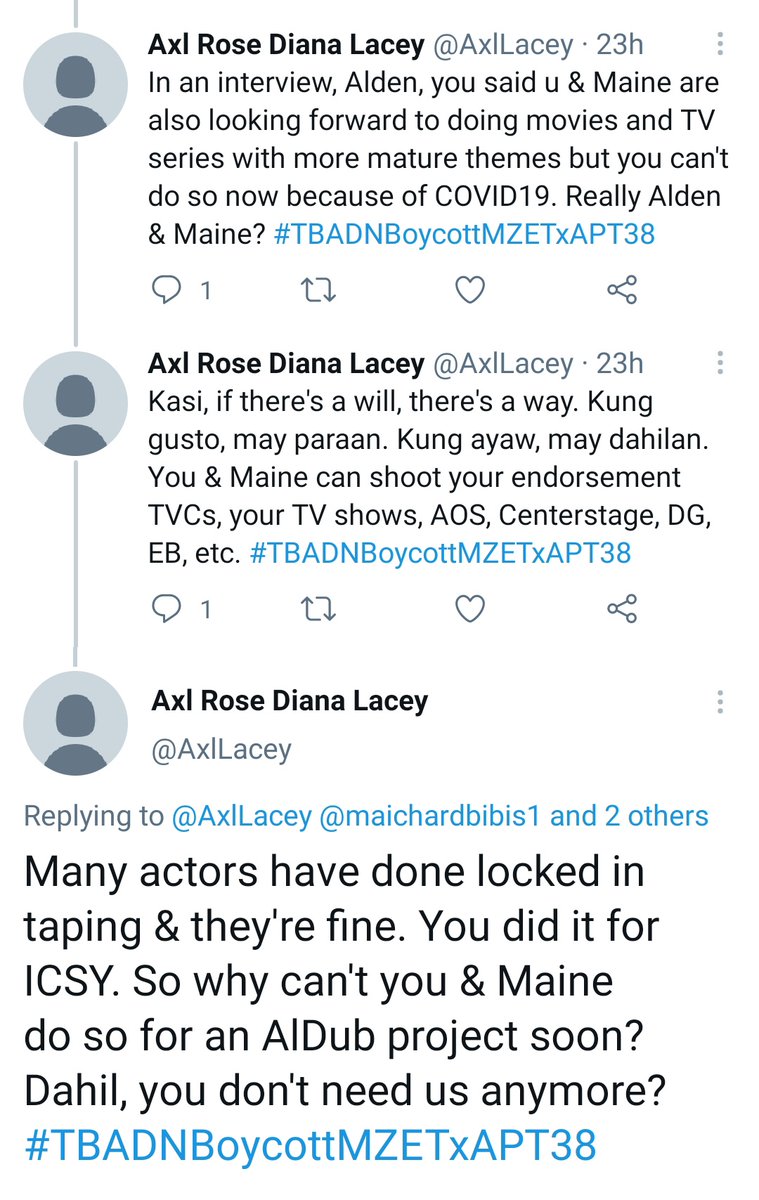  https://twitter.com/maichardbibis1/status/1382154914579705856?s=19 Last night, I chanced upon this thread, prompting me to check out IG, and there I learned that Alden's new TS is happening sooner rather than later. So, I wrote these posts. I don't think Maine & Alden are totally helpless.  #TBADNBoycottMZETxAPT39