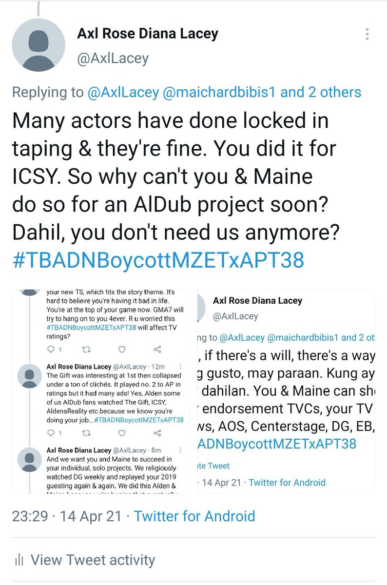  https://twitter.com/maichardbibis1/status/1382154914579705856?s=19 Last night, I chanced upon this thread, prompting me to check out IG, and there I learned that Alden's new TS is happening sooner rather than later. So, I wrote these posts. I don't think Maine & Alden are totally helpless.  #TBADNBoycottMZETxAPT39