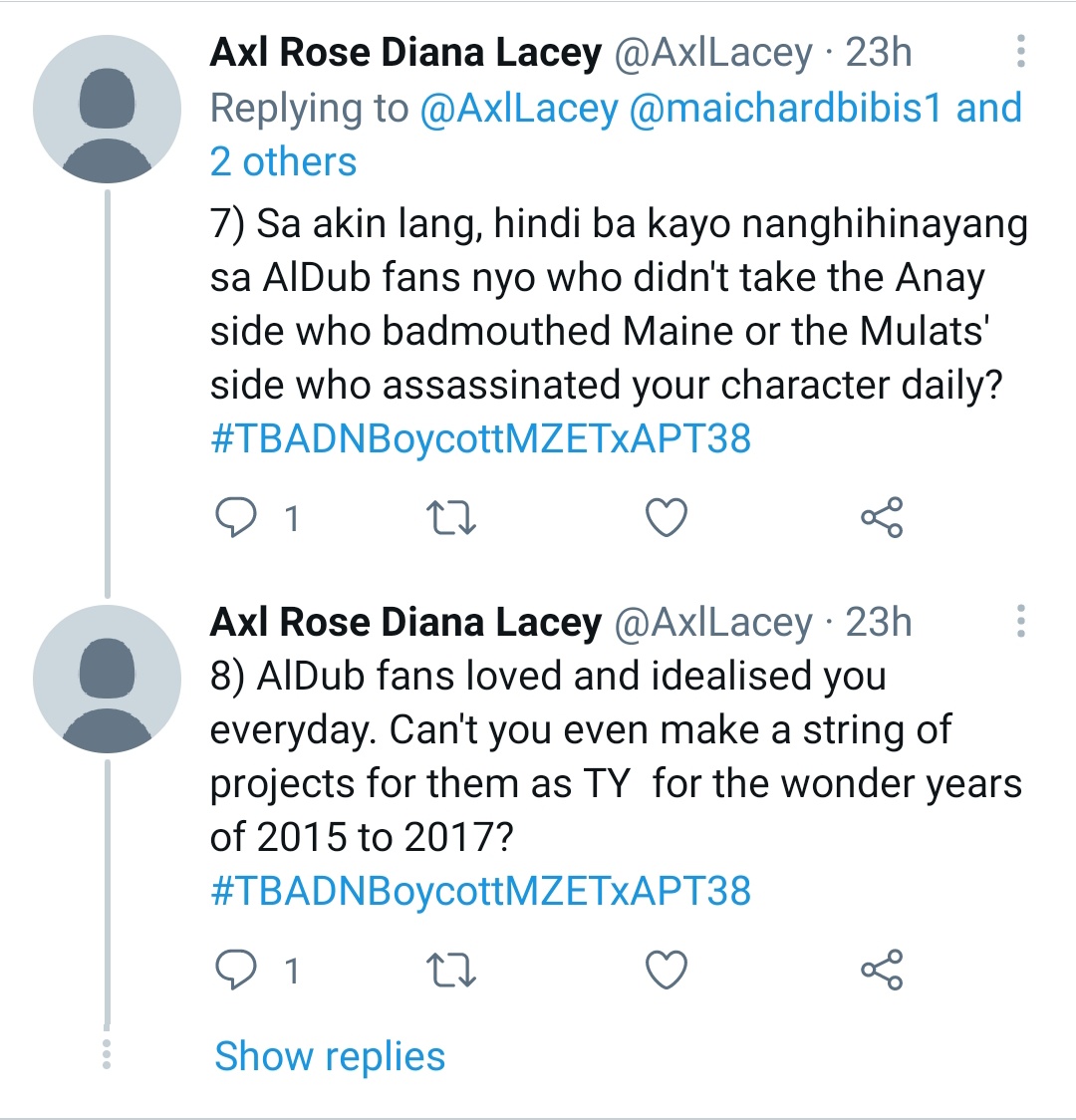  https://twitter.com/maichardbibis1/status/1382154914579705856?s=19 Last night, I chanced upon this thread, prompting me to check out IG, and there I learned that Alden's new TS is happening sooner rather than later. So, I wrote these posts. I don't think Maine & Alden are totally helpless.  #TBADNBoycottMZETxAPT39
