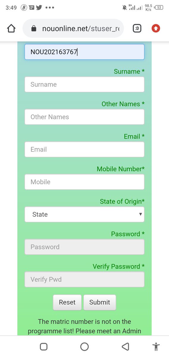 ComradeMuiddeen's tweet photo. @noun_media @Iam_Covered In the process of portal registration it says "The matric number is not on the programme list! Please meet an Admin Officer!" What's the problem pls https://t.co/XRKS3jz3nG