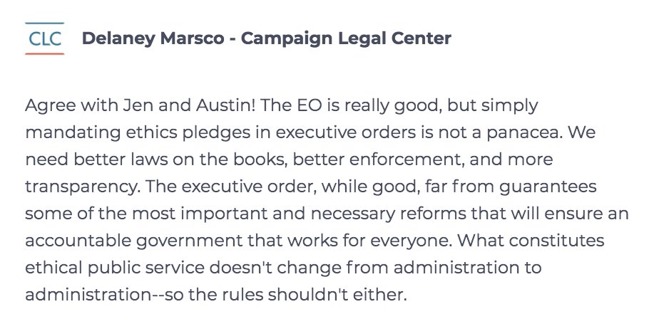 "We need better laws on the books, better enforcement, and more transparency. The executive order, while good, far from guarantees some of the most important and necessary reforms that will ensure an accountable government that works for everyone," says . @DelaneyMarsco.