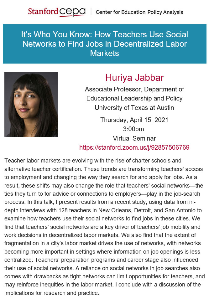 Join us this afternoon to hear Huriya Jabbar discuss:

It’s Who You Know: How Teachers Use Social Networks to Find Jobs in Decentralized Labor Markets.  

stanford.zoom.us/meeting/regist…

@Amanda_Lu_Ed