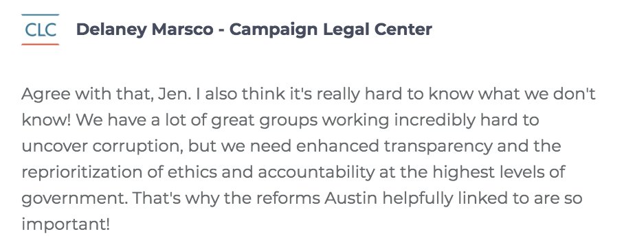 . @DelaneyMarsco adds: I also think it's really hard to know what we don't know! We have a lot of great groups working incredibly hard to uncover corruption, but we need enhanced transparency & the reprioritization of ethics and accountability at the highest levels of government.